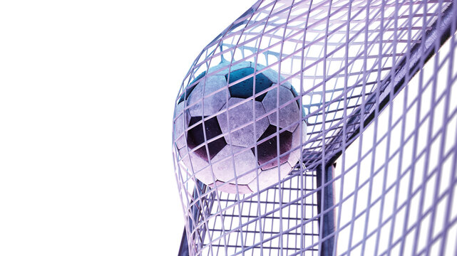 Soccer ball hits the goal on transparent background, PNG file. Ball in the net of a football goal, night lighting, close-up. 3D Render, selective focus