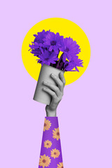 Bright artwork collage of vivid person hold violet chrysanthemum pot anniversary gift isolated...