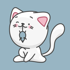 White cat, pet character. Cute drawing in kawaii style.
