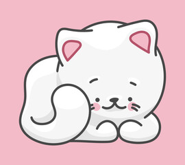 White cat, pet character. Cute drawing in kawaii style.
