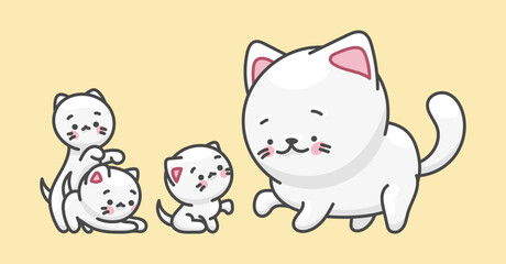 White cat, pet character. Cute drawing in kawaii style.

