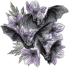 Fototapeta na wymiar Watercolor bats and hellebore flowers print.Colorful halloween illustration. Perfect for greetings, invitations, manufacture wrapping paper, textile and web design. Watercolor gothic print.
