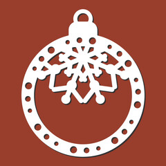 Laser cut template of Christmas decoration vector design. Merry Christmas ball with snowflake for the Christmas tree. X-mas symbol for New Year decorations, paper and wood cutting, printing.
