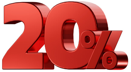 Sale 20 Percent discount number, red glossy, 3d rendering