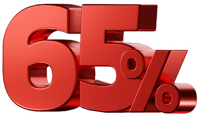 Sale 65 Percent discount number, red glossy, 3d rendering