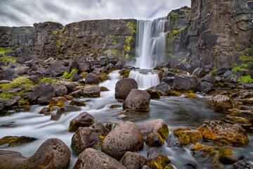 Waterfall Öxararfoss at Thingvellir National Park in Iceland - long time exposure
