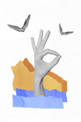 Vertical collage illustration of human arm black white gamma demonstrate okey symbol small hands...