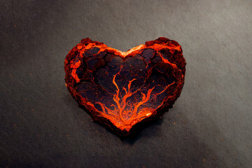 Scorching fire in the shape of a heart. Flame symbol of love. Beautiful heart made of fiery lava. An unusual gift for Valentine's Day