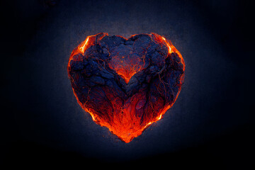 An unusual gift for Valentine's Day. Flame symbol of love. Beautiful heart made of fiery lava. Scorching fire in the shape of a heart