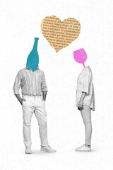 Vertical collage picture of two people black white colors alcohol bottle glass instead head heart...