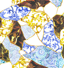 Kintsugi background. Ornamental seamless pattern. Beautiful abstract mosaic decor - asian mix designs, gold lines, asymmetric japanese patchwork. Kintsukuroi art, random golden crackle. Watercolor