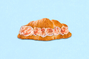 Collage mockup of crust brown fresh traditional croissant with floral taste filling isolated on...