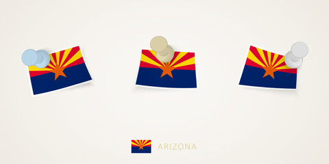 Pinned flag of Arizona in different shapes with twisted corners. Vector pushpins top view.