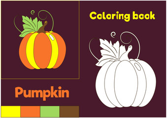 Coloring book Pumpkin for the Halloween holiday. Vector illustration of a pumpkin outline on a purple background for children to color. Finished coloring book with an orange fall vegetable.