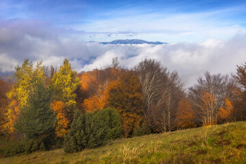 Beautiful Autumn Foggy Landscape ias seen from top of Puigsacalm Peak, Catalonia
