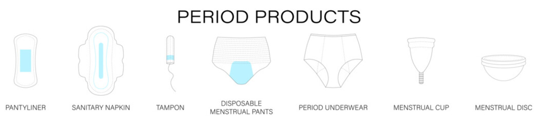 Simple Minimalist Lineart of Period Products Including Pantyliner, Sanitary Napkin, Tampon, Disposable Menstrual Pants, Period Underwear, Menstrual Cup, Menstrual Disc	