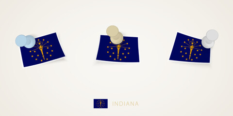 Pinned flag of Indiana in different shapes with twisted corners. Vector pushpins top view.