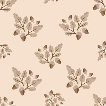 Modern oak leaf acorn vector seamless background pattern. Hand-drawn groups of leaves and acorns backdrop. Monochrome fall foliage in pastel ochre colors. Autumn design for thanksgiving, packaging.