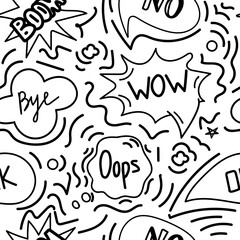 A seamless pattern of speech bubbles with hand-drawn doodle-style dialog words. Boom, Oops, No, Okay, Wow. Close-up. Vector illustration.