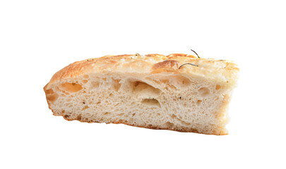 Piece of focaccia with rosemary, isolated. Italian bakery, bread delicacy, a packshot photo on a white background.
