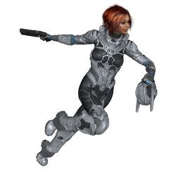 Future Soldier, Black Female with Red Hair, Running to Attack, 3d digitally rendered science fiction illustration