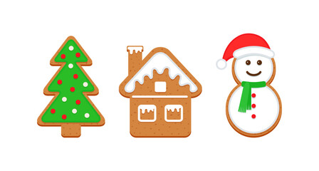 Christmas Gingerbread cookies. Cute ginger bread house, tree and snowman. Classic Xmas biscuit. Vector illustration. Noel holiday sweet desserts isolated on white background.