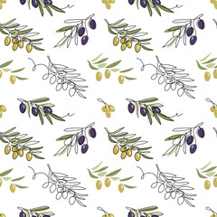 Oliva vector seamless pattern. Green and black olive tree branches on white background. One continuous line art drawing olives pattern