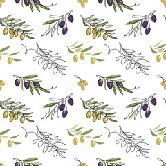 Oliva vector seamless pattern. Green and black olive tree branches on white background. One continuous line art drawing olives pattern