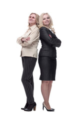 two different smiling women standing together. isolated on a white