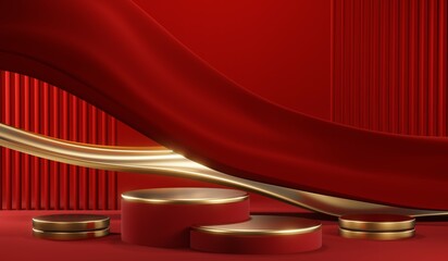 3D rendering of blank product background for cream cosmetics Modern red podium background