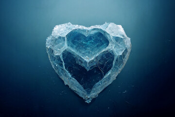Symbol of love from cold ice. An unusual gift for Valentine's Day. Beautiful heart made of ice. Brilliant piece of ice in the shape of a heart