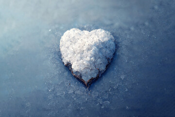 An unusual gift for Valentine's Day. Symbol of love from cold snow. Beautiful heart made of snow. Brilliant piece of ice in the shape of a heart