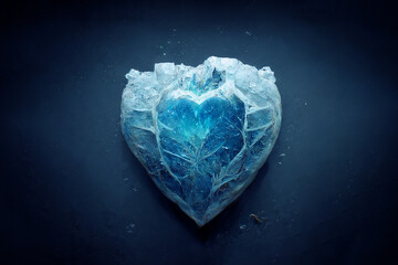 Brilliant piece of ice in the shape of a heart. An unusual gift for Valentine's Day. Symbol of love from cold ice. Beautiful heart made of ice