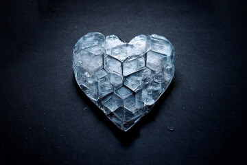 Brilliant piece of ice in the shape of a heart. An unusual gift for Valentine's Day. Symbol of love from cold ice. Beautiful heart made of ice