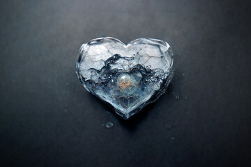 An unusual gift for Valentine's Day. Beautiful heart made of ice. Symbol of love from cold ice. Brilliant piece of ice in the shape of a heart
