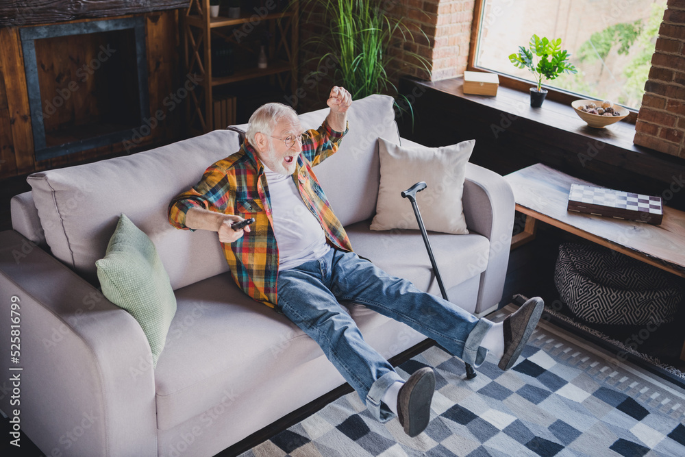 Poster photo of funny lucky retired man dressed plaid shirt watching soccer sitting couch holding nursery c