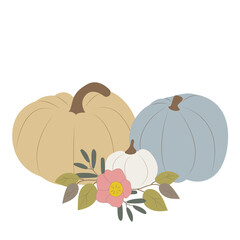 Cute autumn color pumpkins, flowers and leaves clipart. Isolated on white background. Illustration for Thanksgiving for prints on t-shirts and bags, posters, cards.