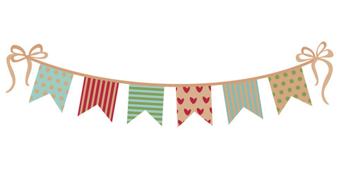 Garland with bows. Colorful bunting for decorating invitations, greeting cards, etc., bunting flags, beige, red and blue colors, polka dots, stripe, hearts pattern, eps10 vector illustration