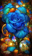 Fototapeta na wymiar Colorful abstract bright blue roses. Painted wonderful flowers and amazing nature. Stained glass stylization.