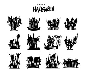 Set of Halloween haunted house. Collection of Haunted House. Hand drawn black silhouette of haunted house, ghost mansion, castle. Vector silhouettes of Halloween creepy mansions set.