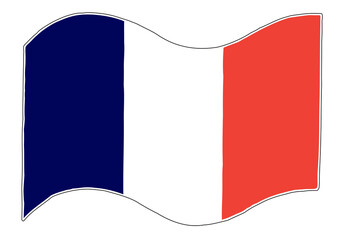 France flag waving in the wind in doodle style. Hand Drawn. Freehand drawing. Sketch. Outline.