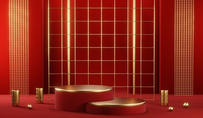 3D rendering of blank product background for cream cosmetics Modern red podium background