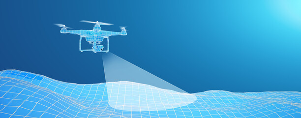 Blue drone over terrain mesh. Geo-scanning. Wire-frame style. Isolated in dark blue background. 3D illustration.