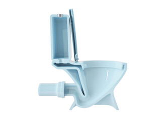 The cross-section structure of the toilet (the system). Blue color. The toilet lid is open. Side view. Isolated on white background. 3D illustration.