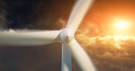 Wind turbine generating electricity. 3D illustration. Sunset.