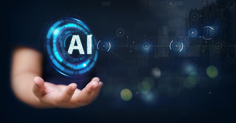 Hand of woman holding AI text with HUD network and futuristic technology concept