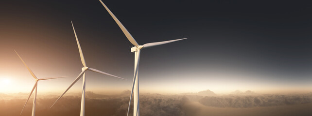 Wind turbines generate electricity. 3D illustration. Sunset.