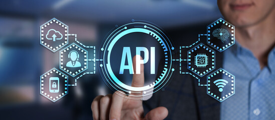 Internet, business, Technology and network concept. Application Programming Interface. Software development tool. Virtual button.