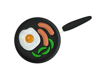 Fried egg sausage and green peas flying above yellow frying pan, PNG Transparent Background, 3D rendering Image.	
