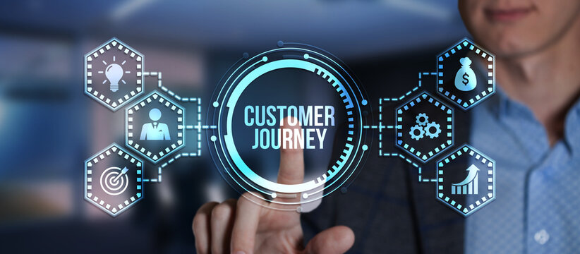 Internet, business, Technology and network concept. Inscription Customer journey on the virtual display. Virtual button.